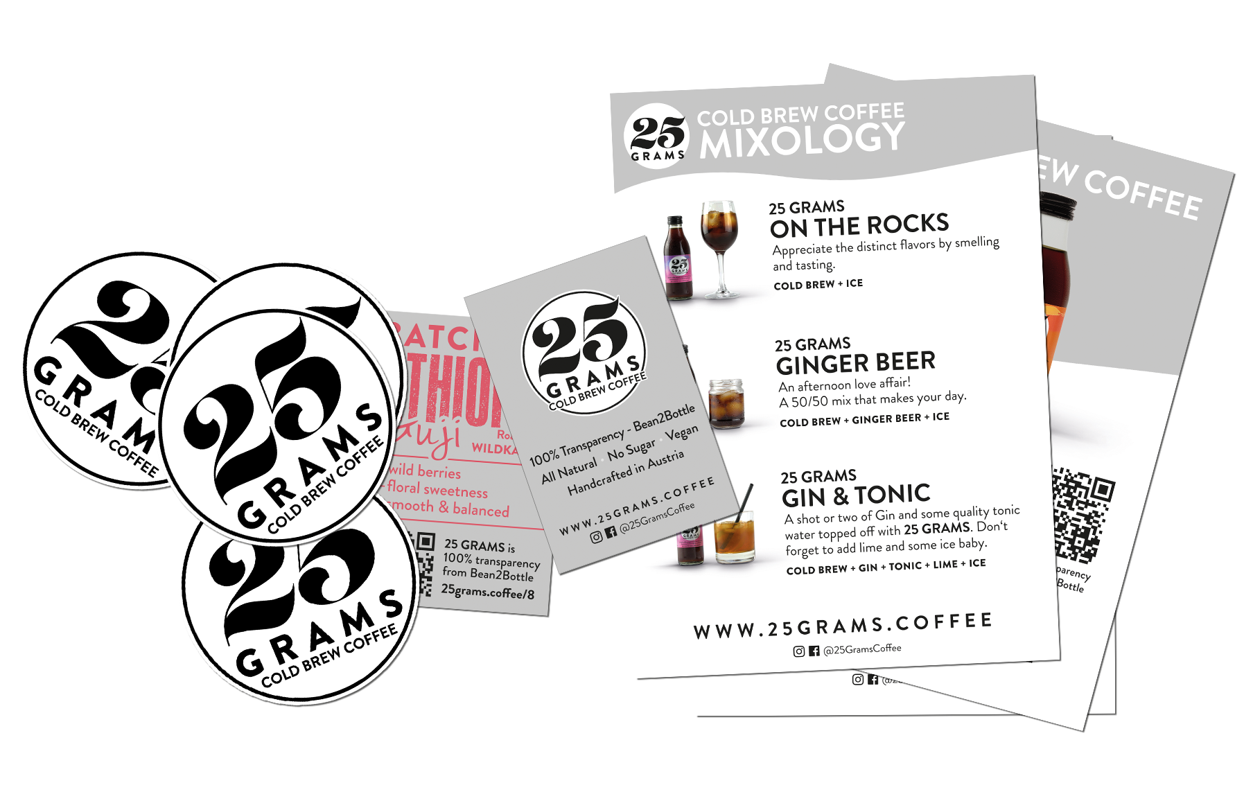 Stack of 25 Grams marketing material including stickers, business cards, and flyers